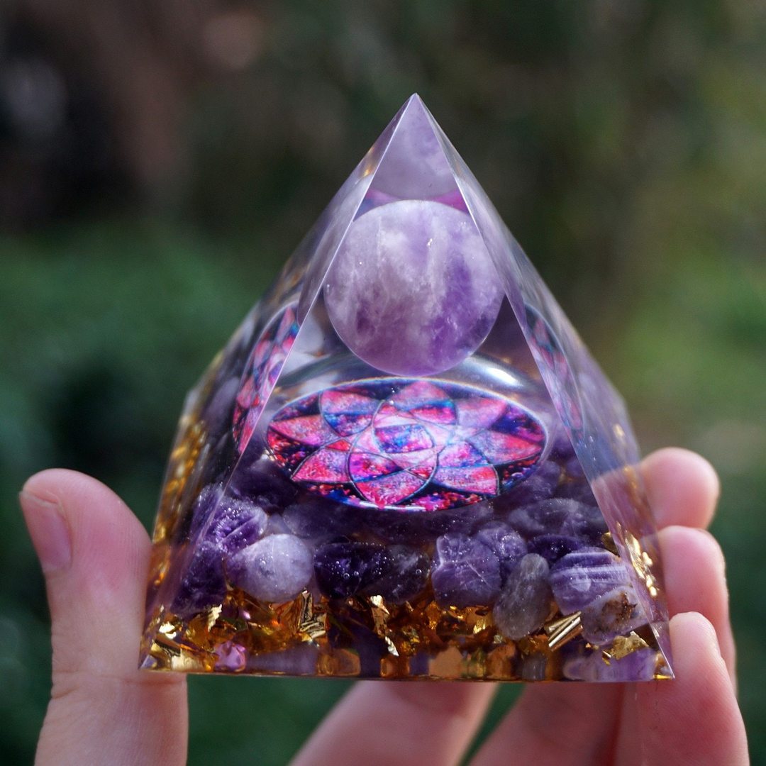 Tiger Eye Orgonite Pyramid with Amethyst