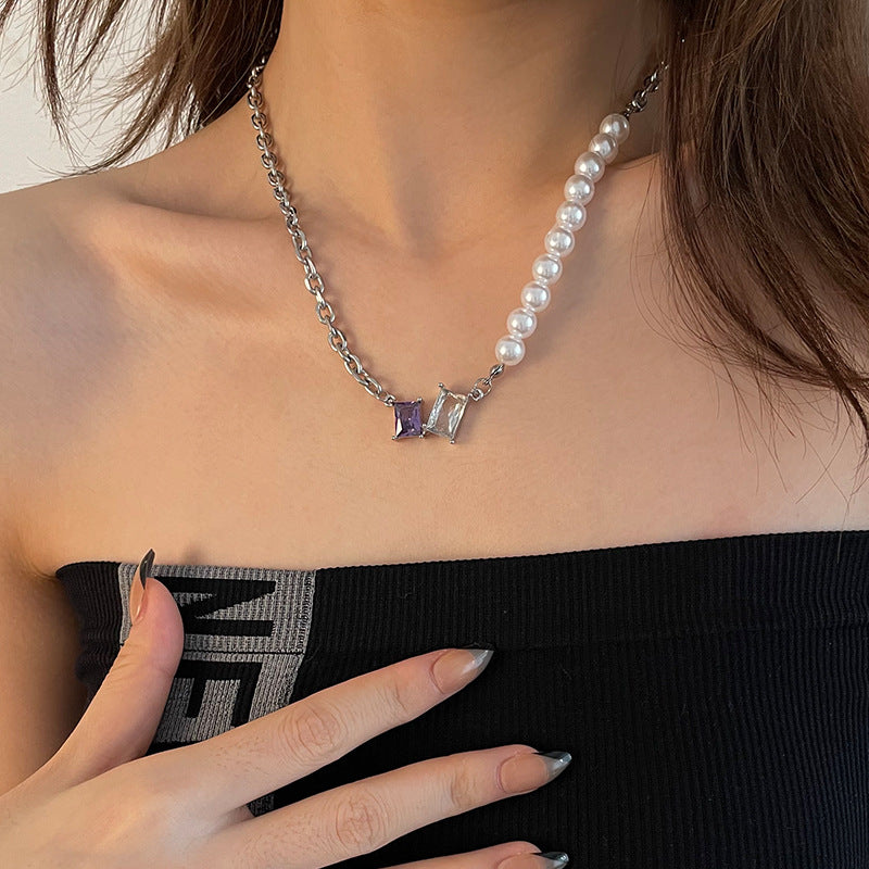 half love pearl necklace with colorful crystals stylish design