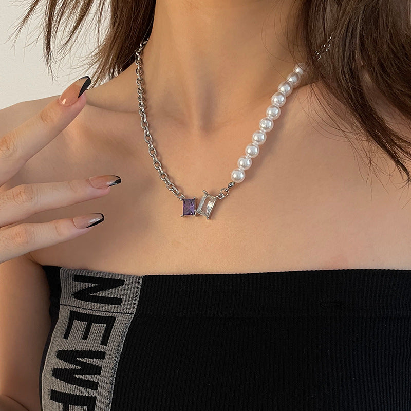 elegant pearl necklace with colorful crystal pendant