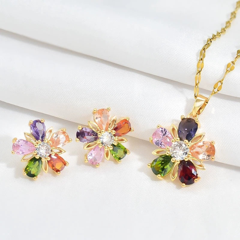 five petal flower jewelry set gold crystal women