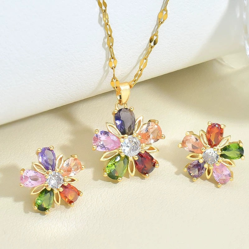 gold flower necklace and stud earrings colorful crystal set